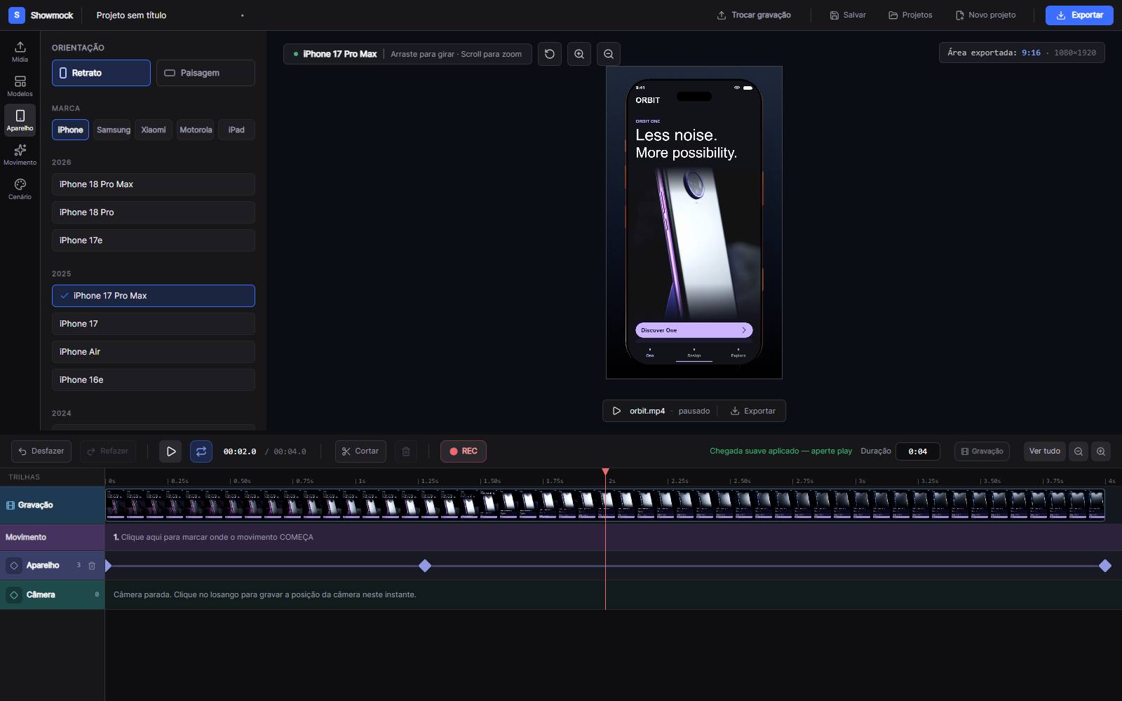 Actual screenshot of the Showmock editor: Pick your device