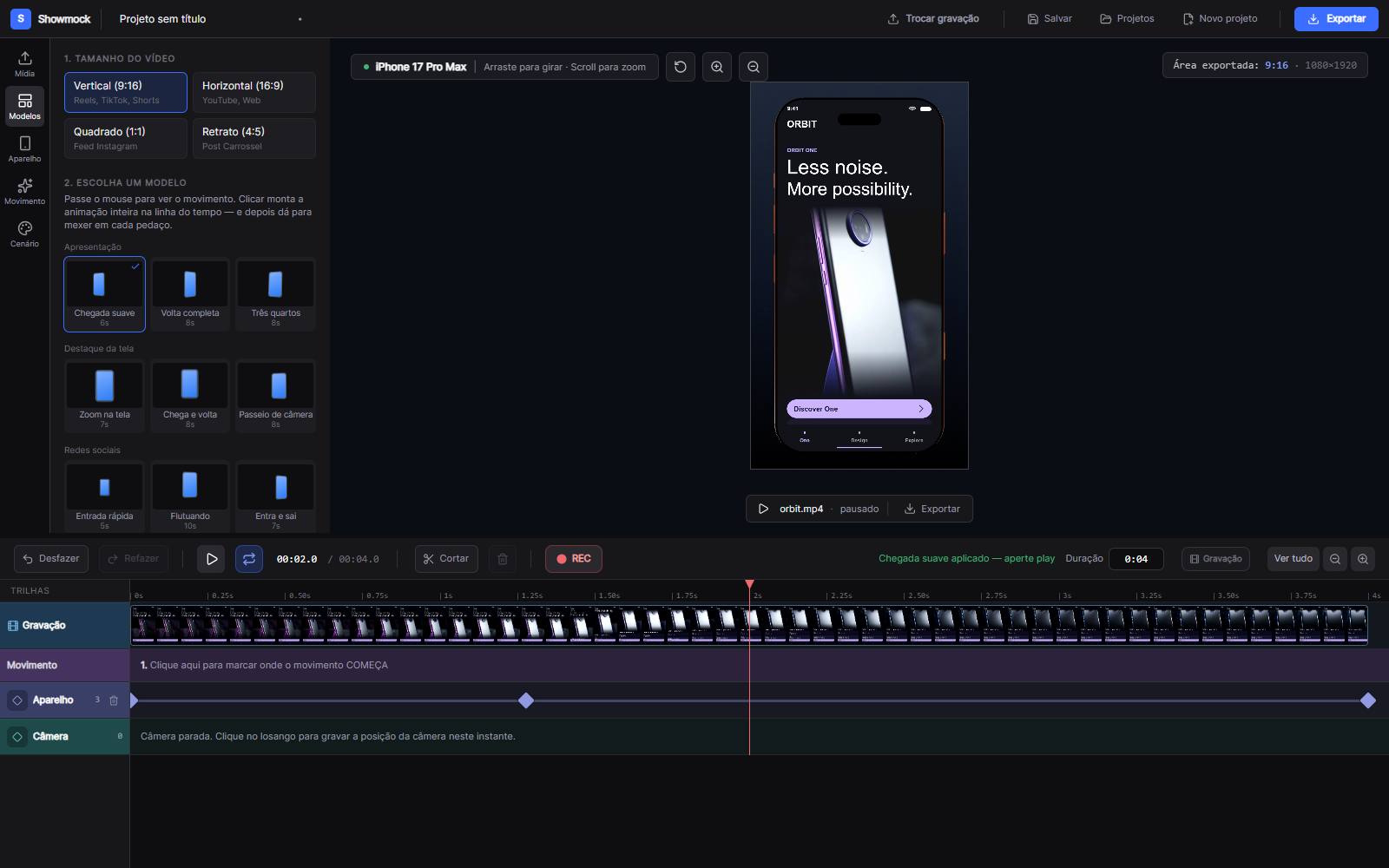 Actual screenshot of the Showmock editor: Add a motion